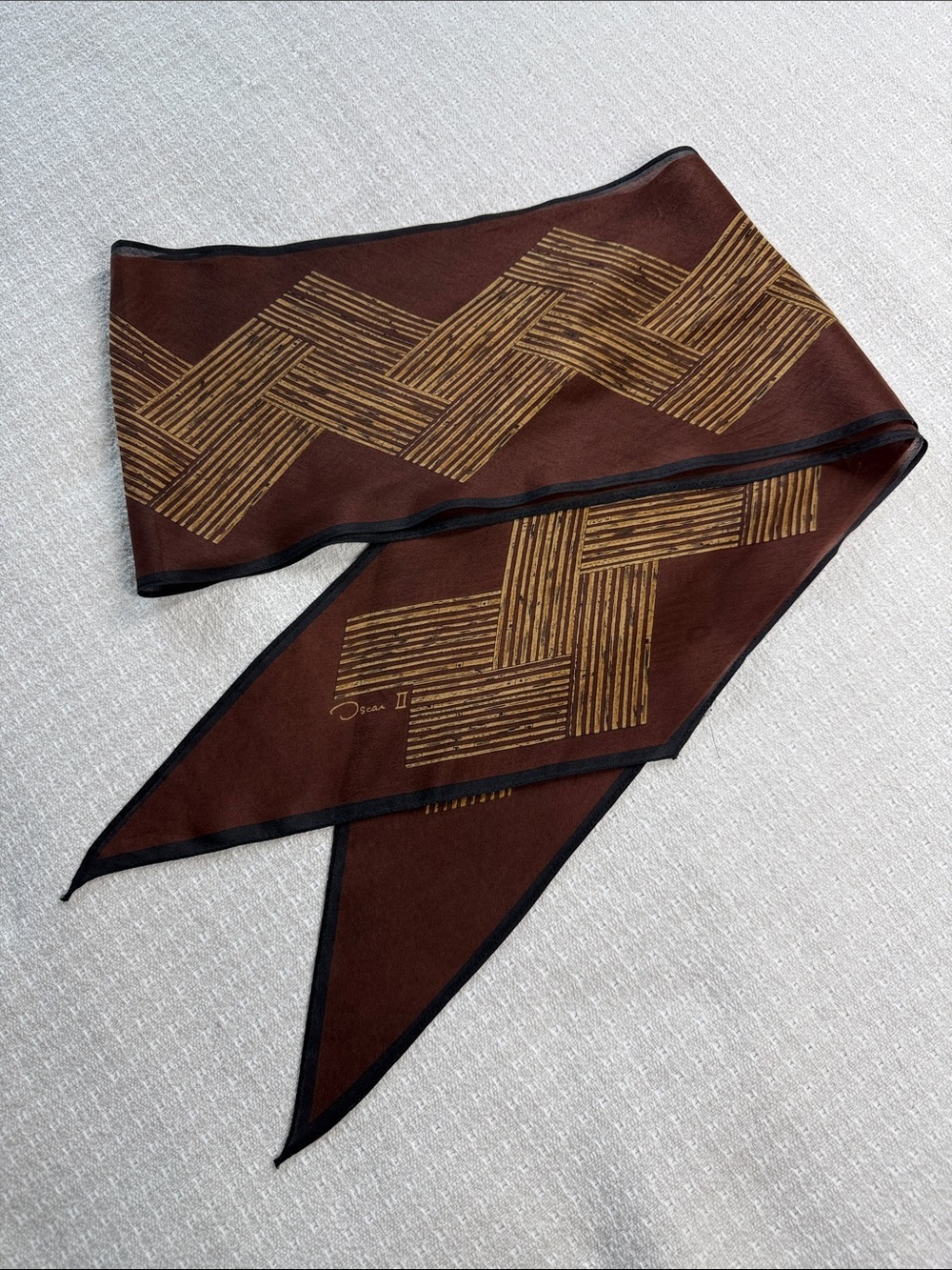 Oscar de la Renta, Oscar ll silk handkerchief style scarf, brown, and gold - Picture 2 of 4